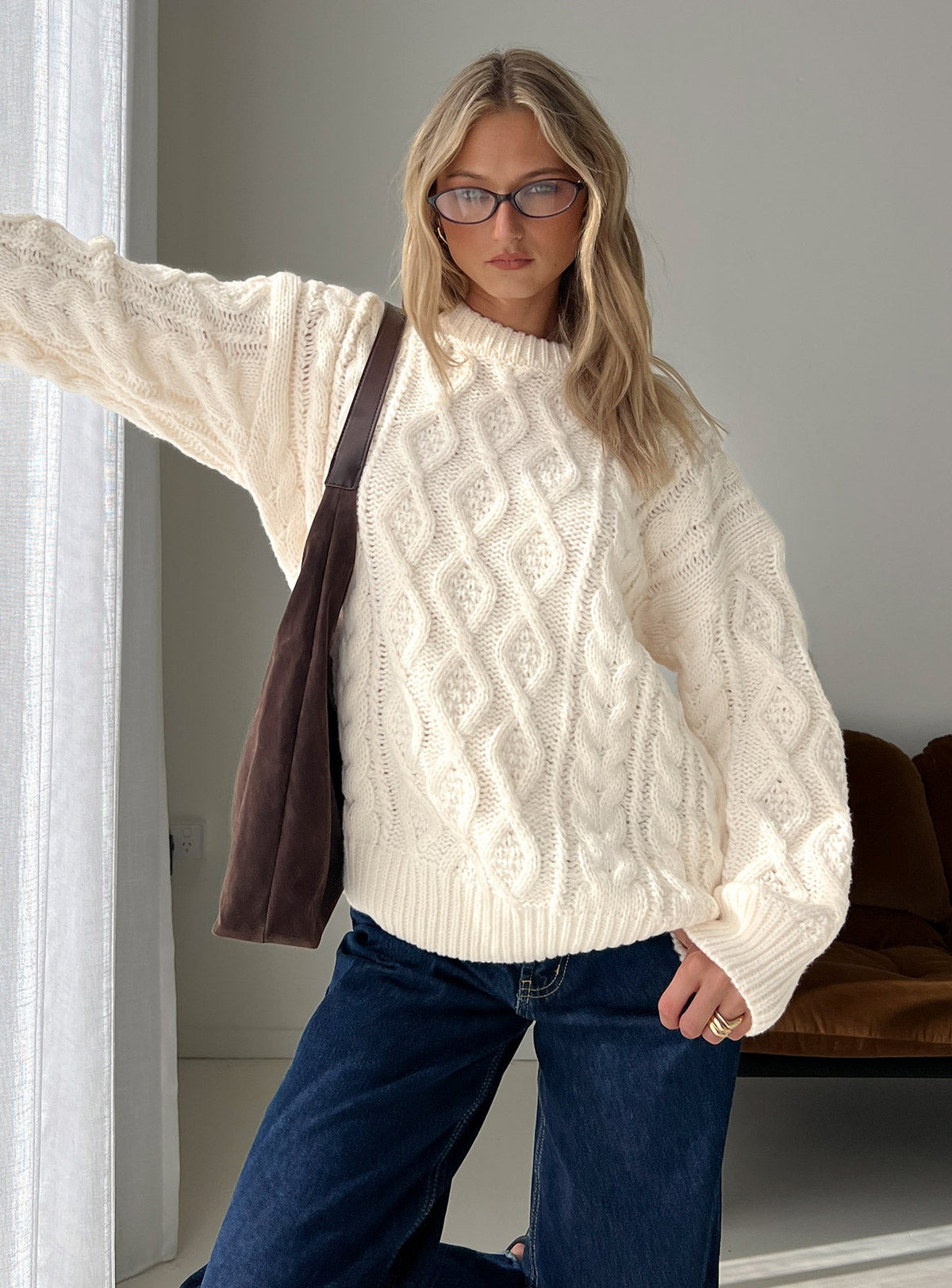 Rorey Cable Knit Crew Neck Sweater White