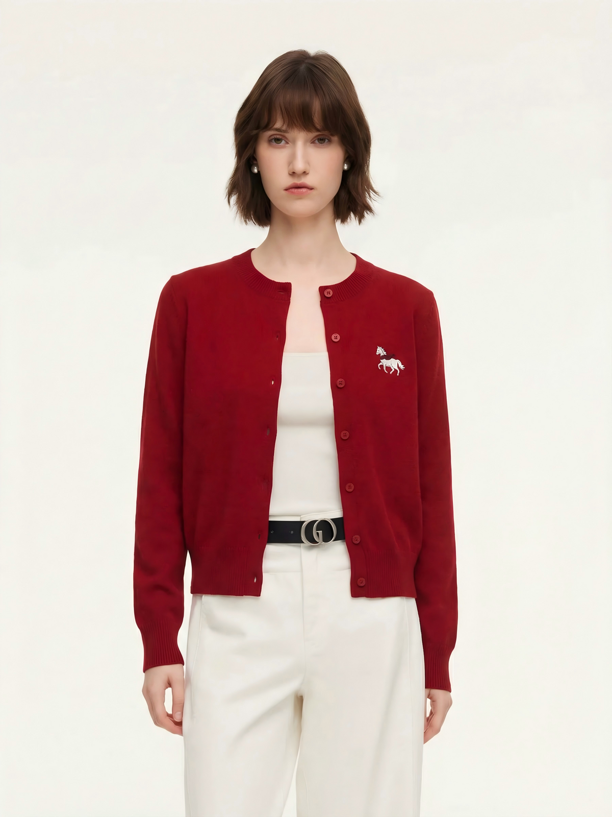 100% Wool Color Block Pony Embroidered Women Cardigan