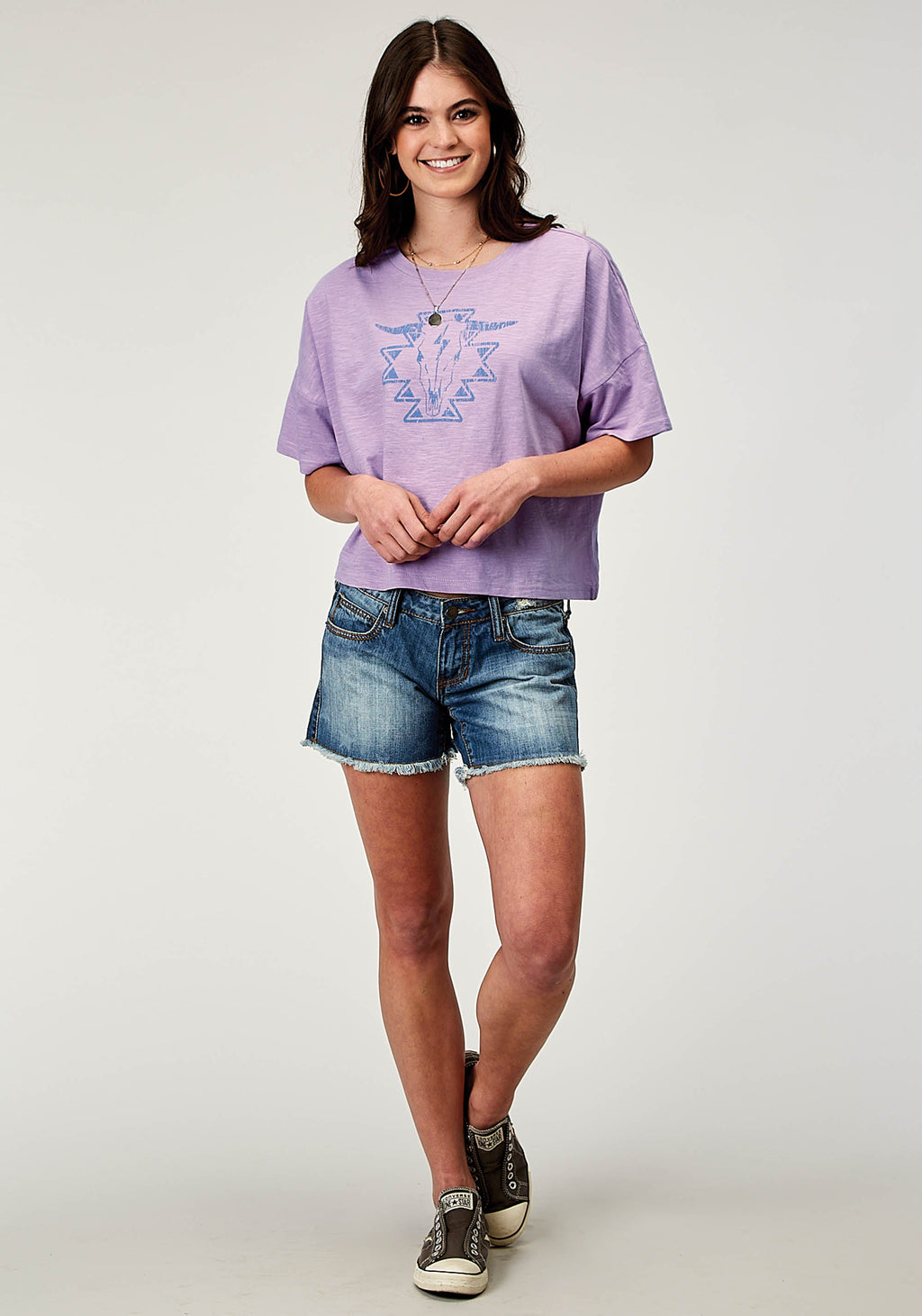 Womens Short Sleeve Lilac Cotton Jersey Slub Tee With Oversized Cropped Scr