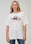 Womens Short Sleeve White Cotton Slub Jersey Tee With Oversized Screen Prin