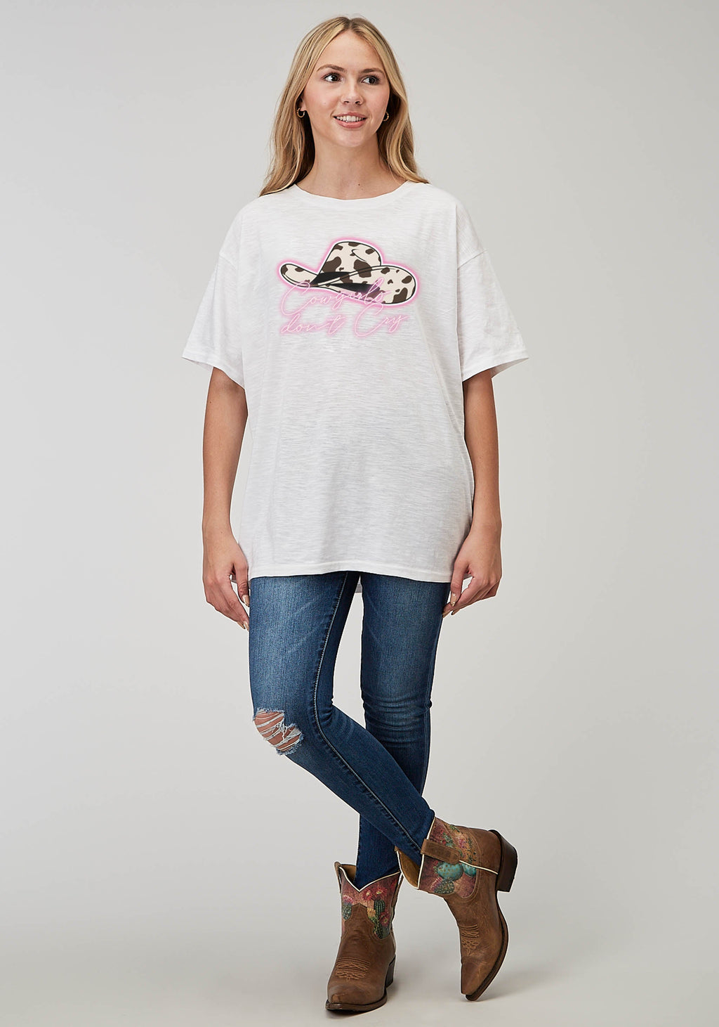 Womens Short Sleeve White Cotton Slub Jersey Tee With Oversized Screen Prin
