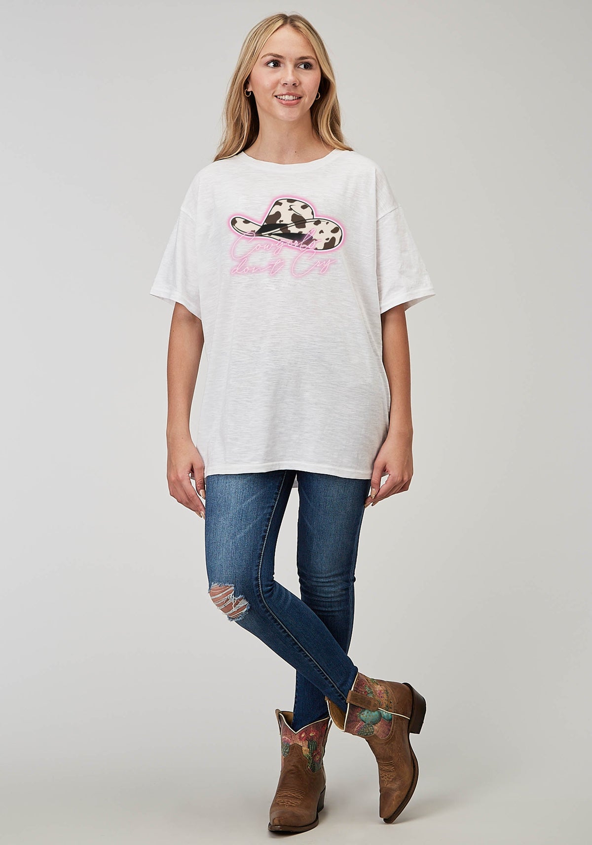 Womens Short Sleeve White Cotton Slub Jersey Tee With Oversized Screen Prin