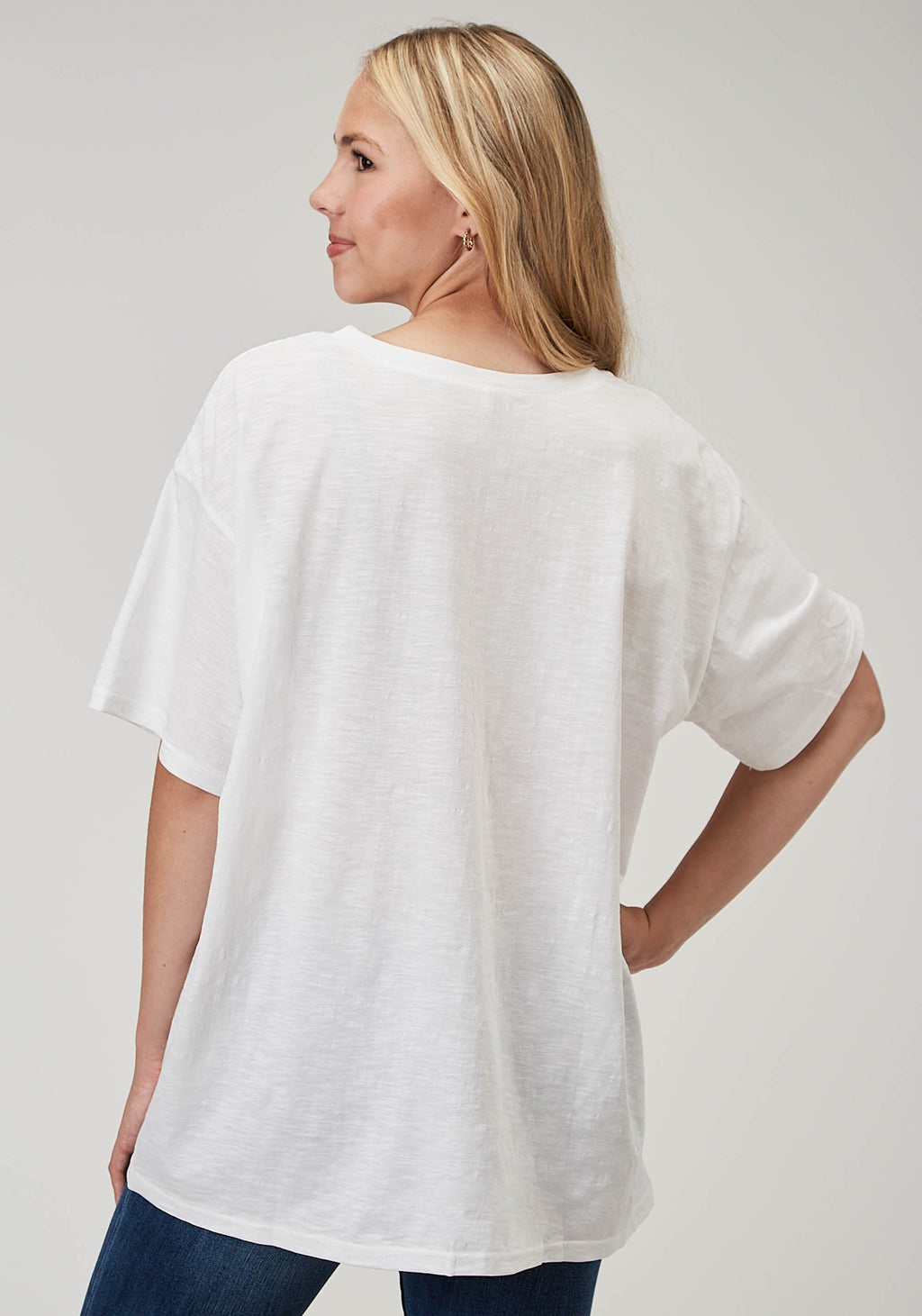 Womens Short Sleeve White Cotton Slub Jersey Tee With Oversized Screen Prin