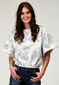 Womens Short Sleeve Blue White Tie Dye French Terry Top With Crew Neck Shor