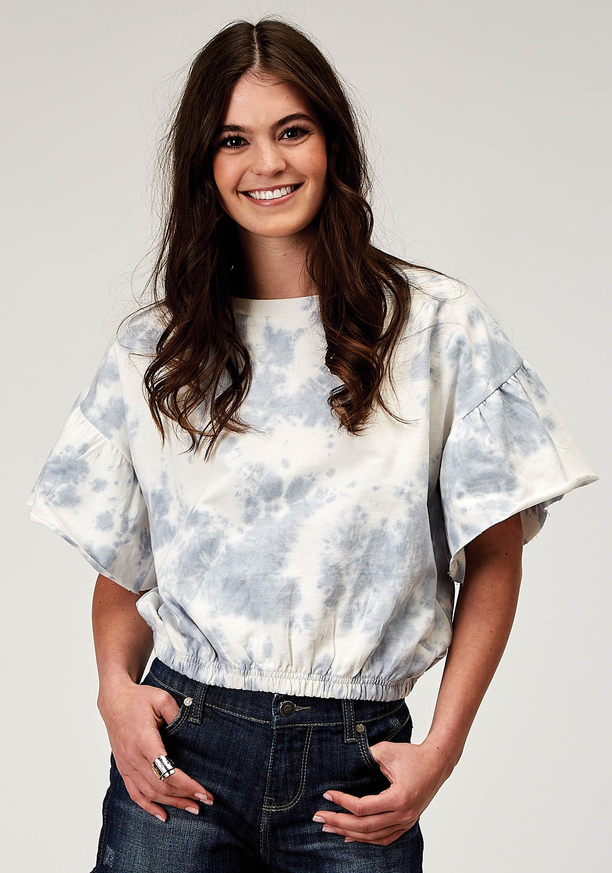 Womens Short Sleeve Blue White Tie Dye French Terry Top With Crew Neck Shor
