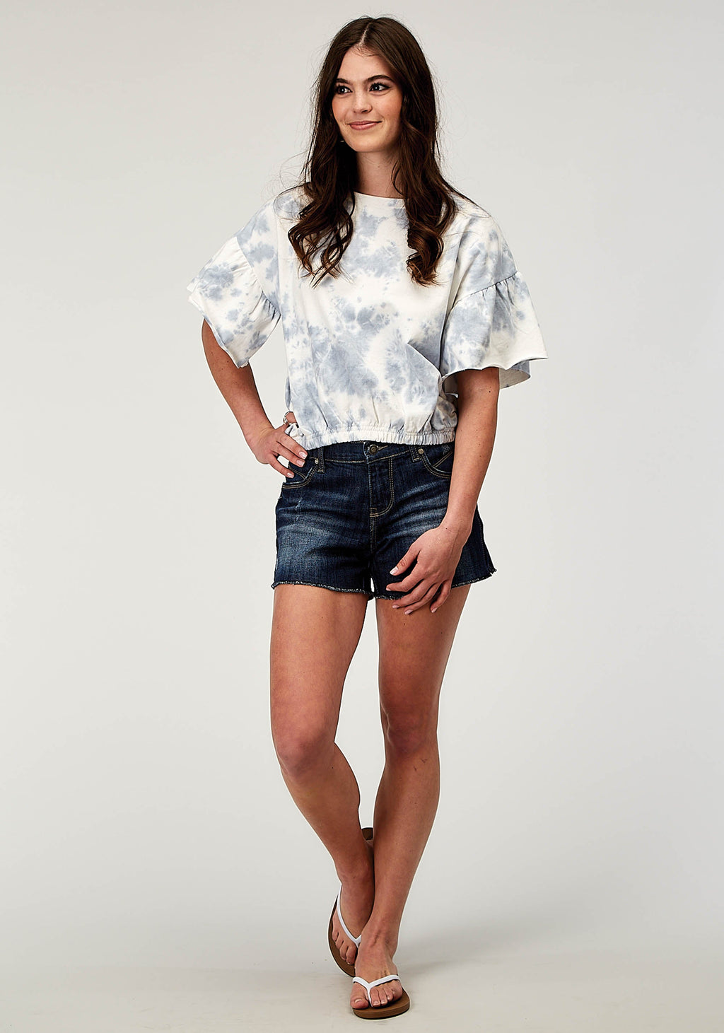 Womens Short Sleeve Blue White Tie Dye French Terry Top With Crew Neck Shor
