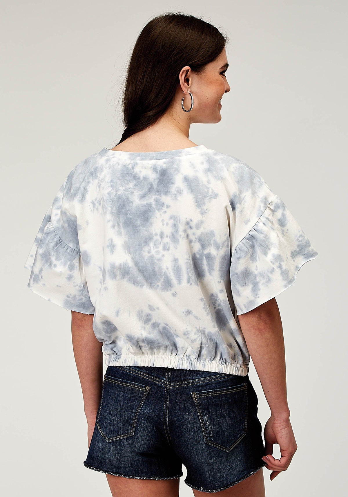Womens Short Sleeve Blue White Tie Dye French Terry Top With Crew Neck Shor