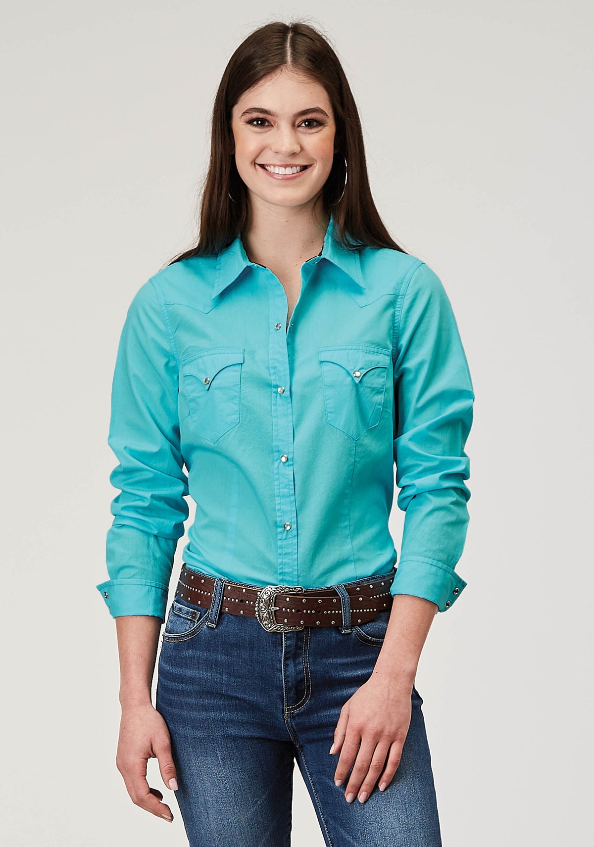 Womens Long Sleeve Snap Solid Poplin Turquoise Western Shirt