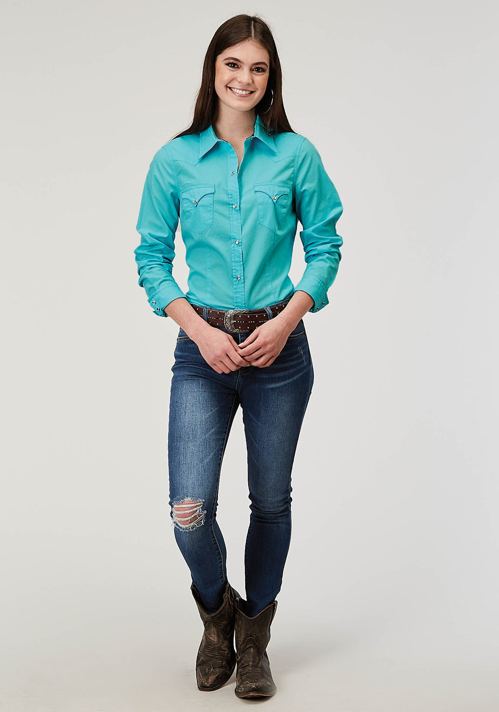 Womens Long Sleeve Snap Solid Poplin Turquoise Western Shirt