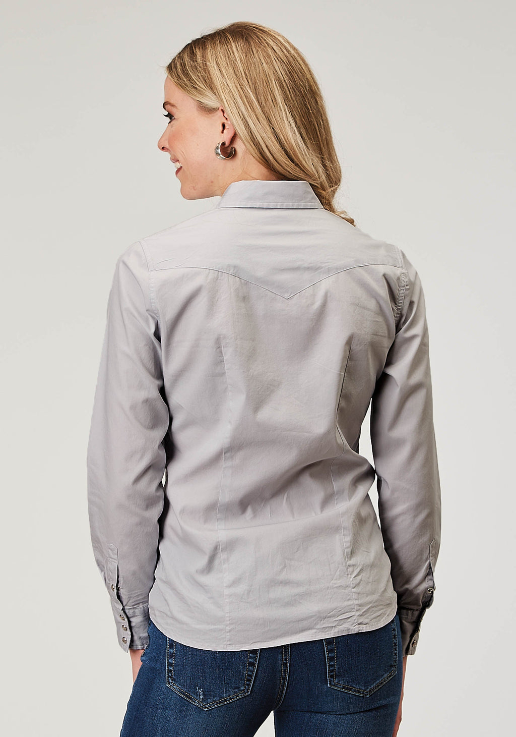 Womens Long Sleeve Snap Solid Poplin Grey Western Shirt