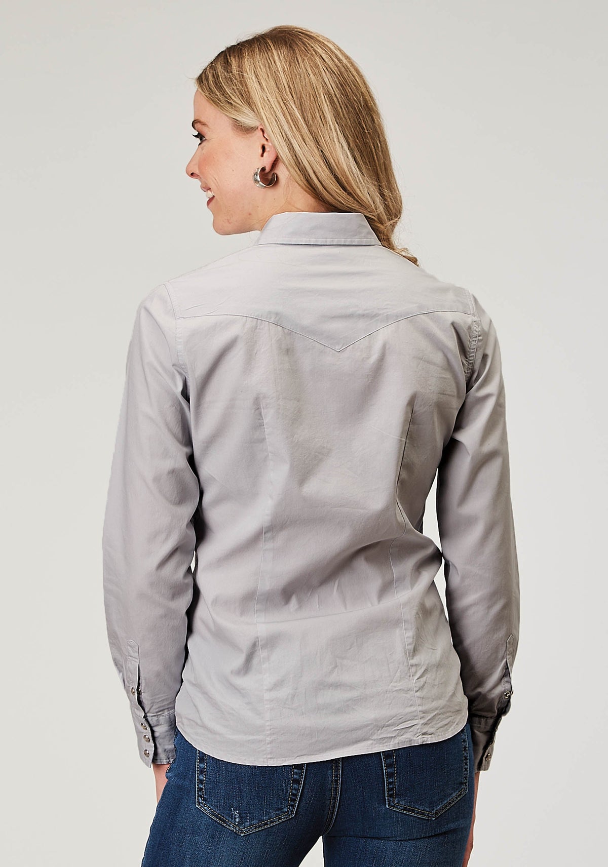 Womens Long Sleeve Snap Solid Poplin Grey Western Shirt