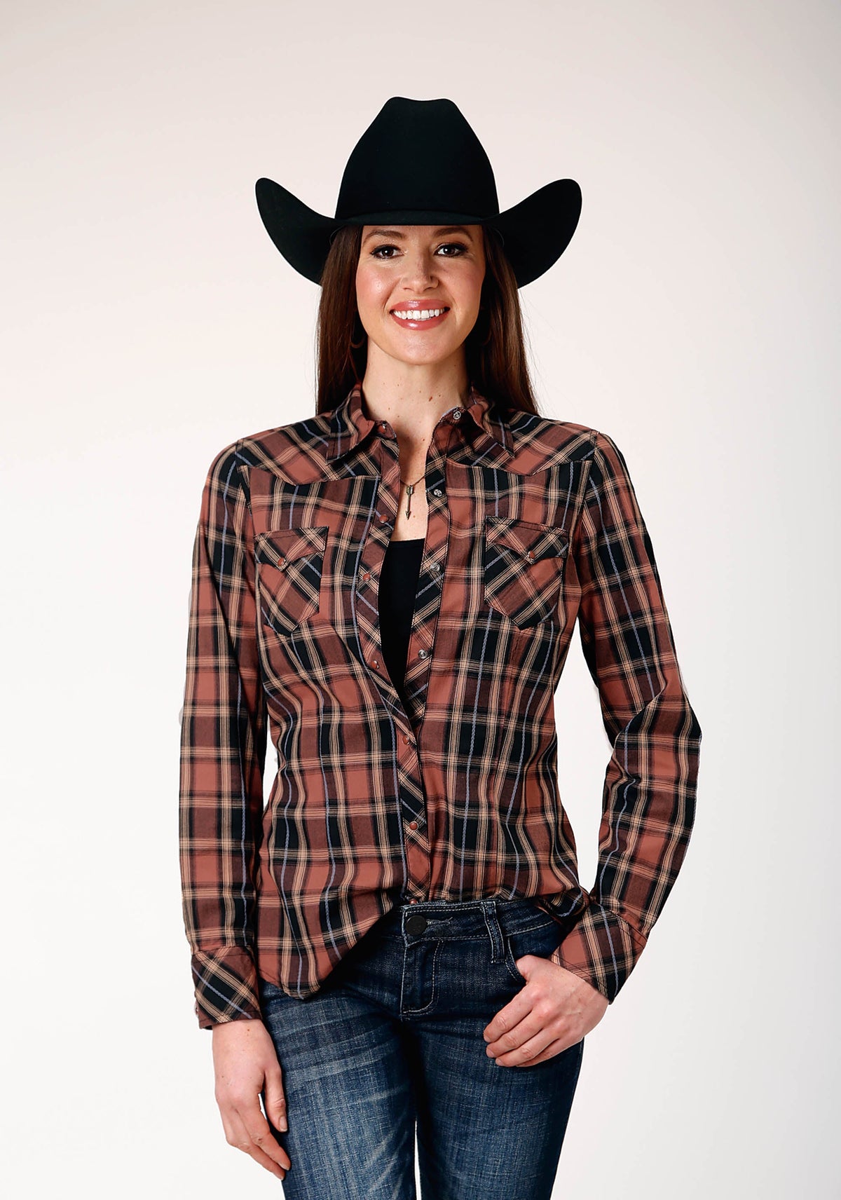 Womens Long Sleeve Snap Arrow Dobby Plaid Western Shirt