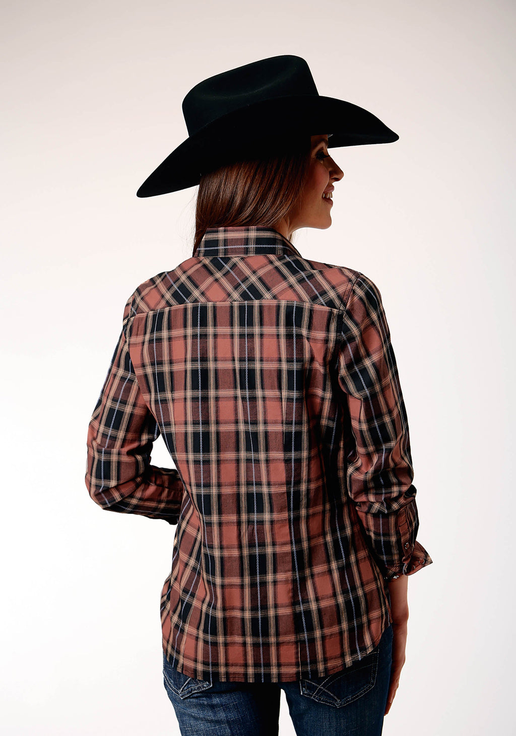 Womens Long Sleeve Snap Arrow Dobby Plaid Western Shirt