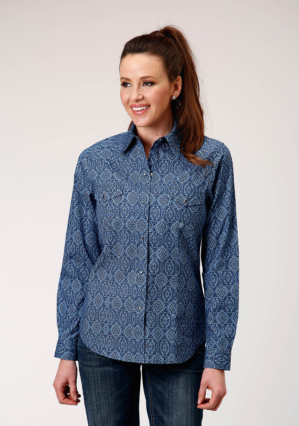 Womens Long Sleeve Snap Medallion Paisley Western Shirt