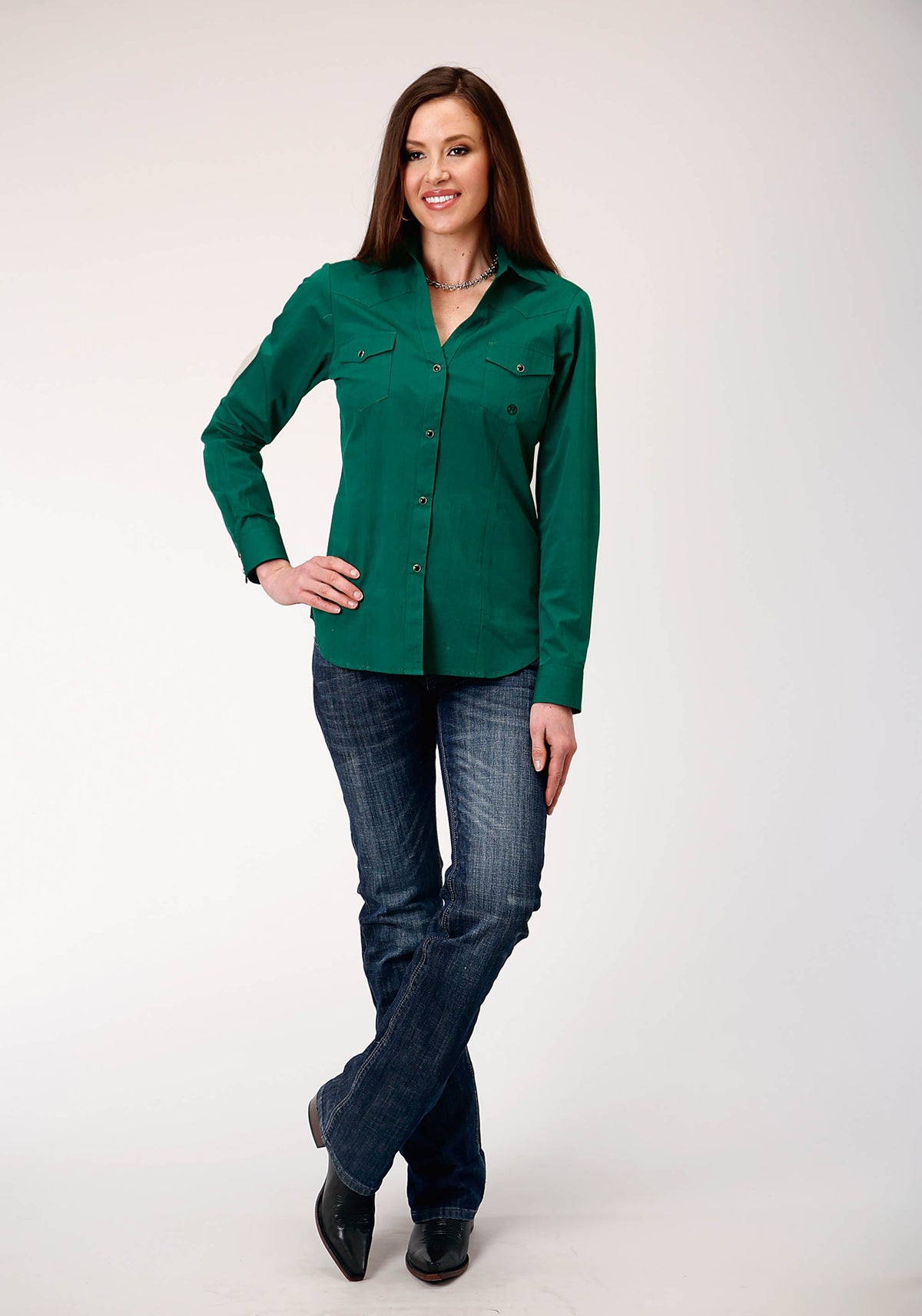 Womens Long Sleeve Snap Black Fill Solid Green Western Shirt