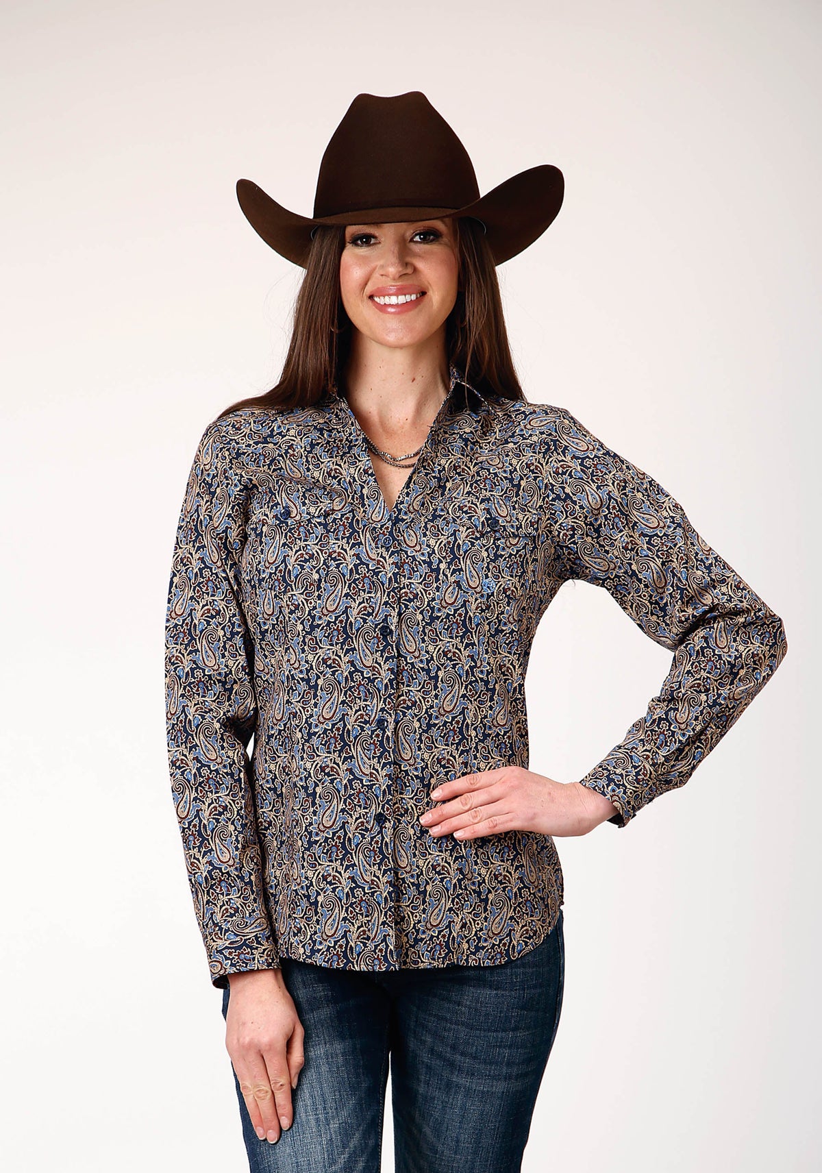Womens Long Sleeve Button Vintage Paisley Western Shirt