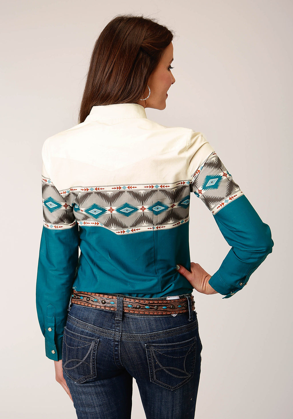 Womens Long Sleeve Snap Sawtooth Border Western Shirt