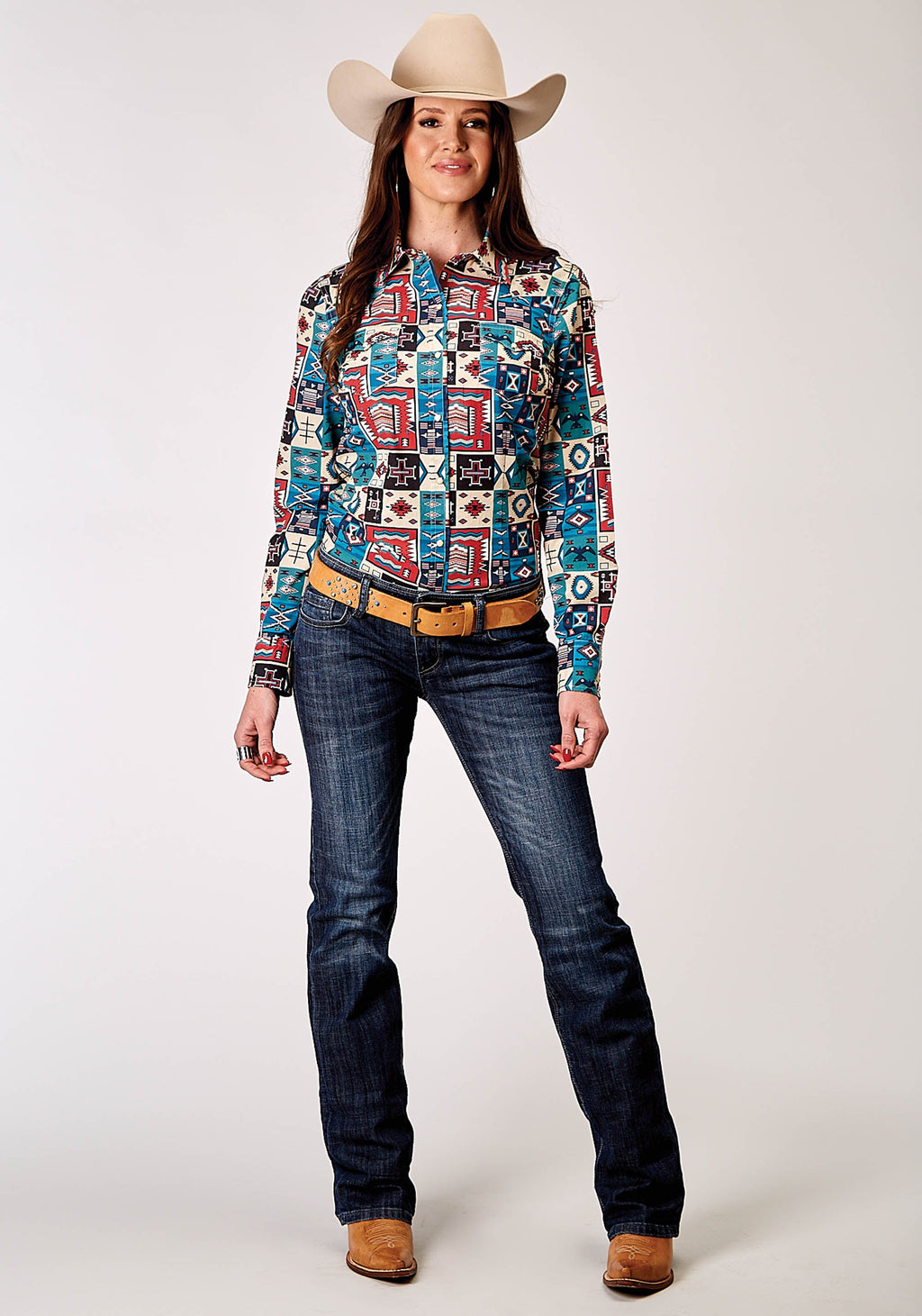 Womens Long Sleeve Snap Vintage Patchwork Print Western Shirt