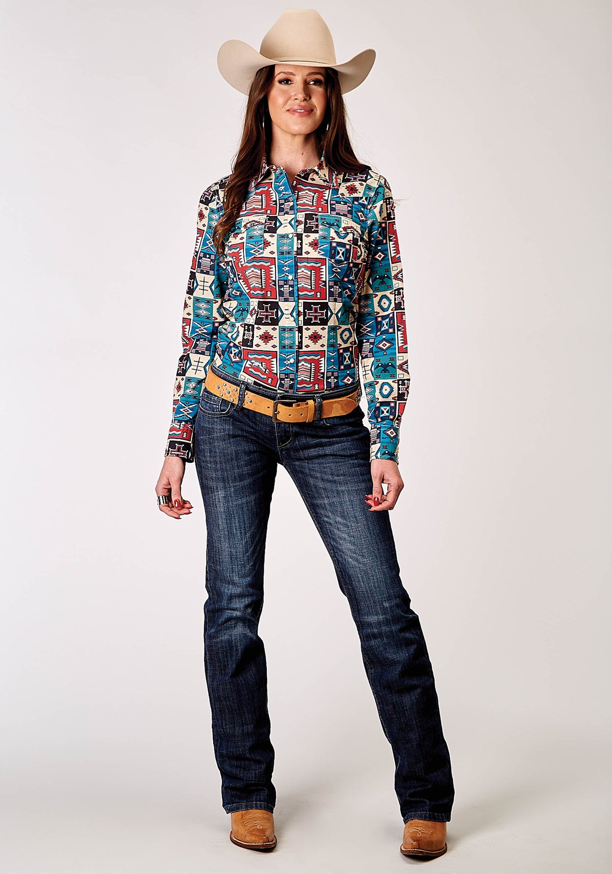 Womens Long Sleeve Snap Vintage Patchwork Print Western Shirt