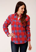 Womens Long Sleeve Snap Coral Blue White Plaid Unlined Flannel Shirt Wester