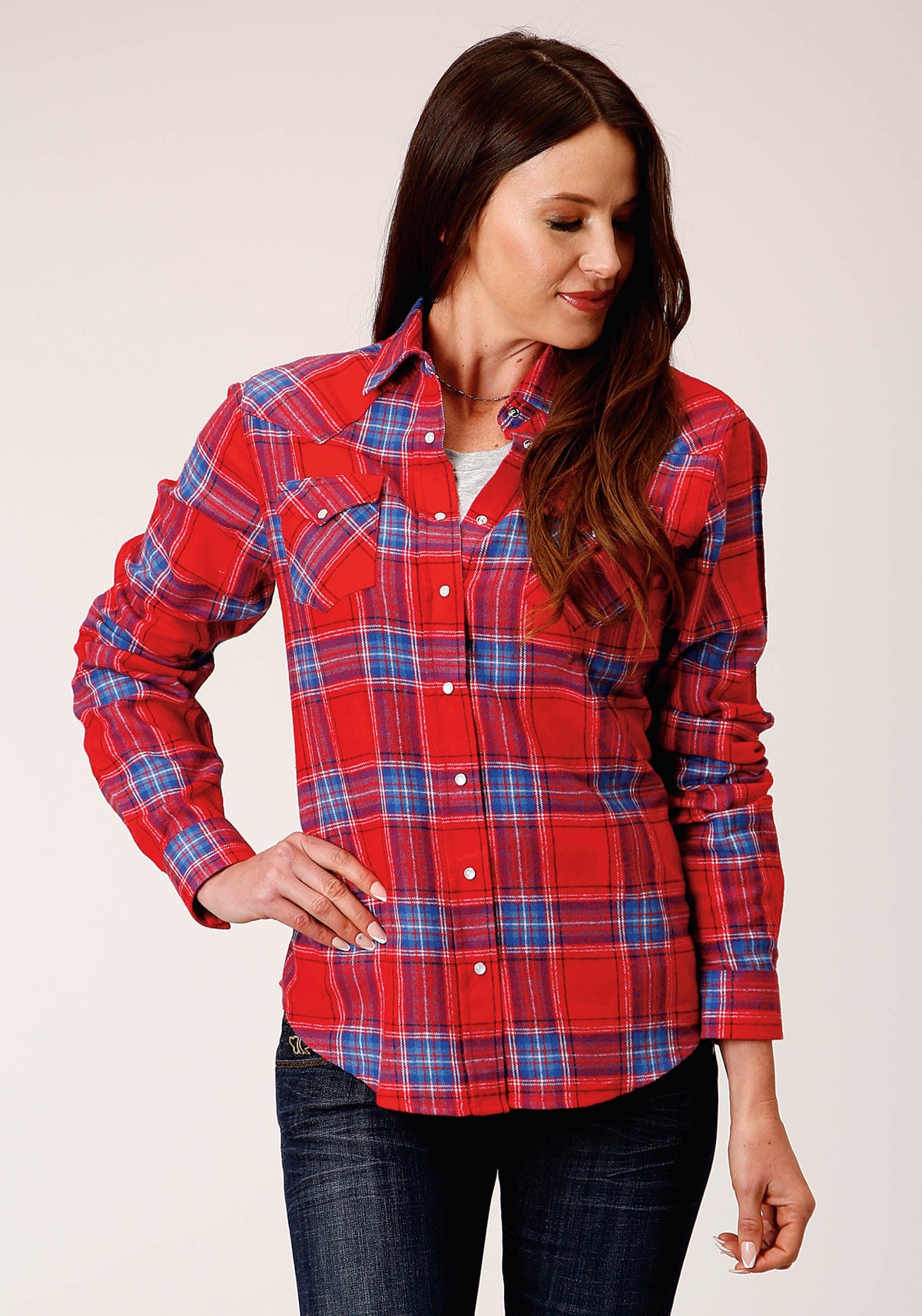 Womens Long Sleeve Snap Coral Blue White Plaid Unlined Flannel Shirt Wester