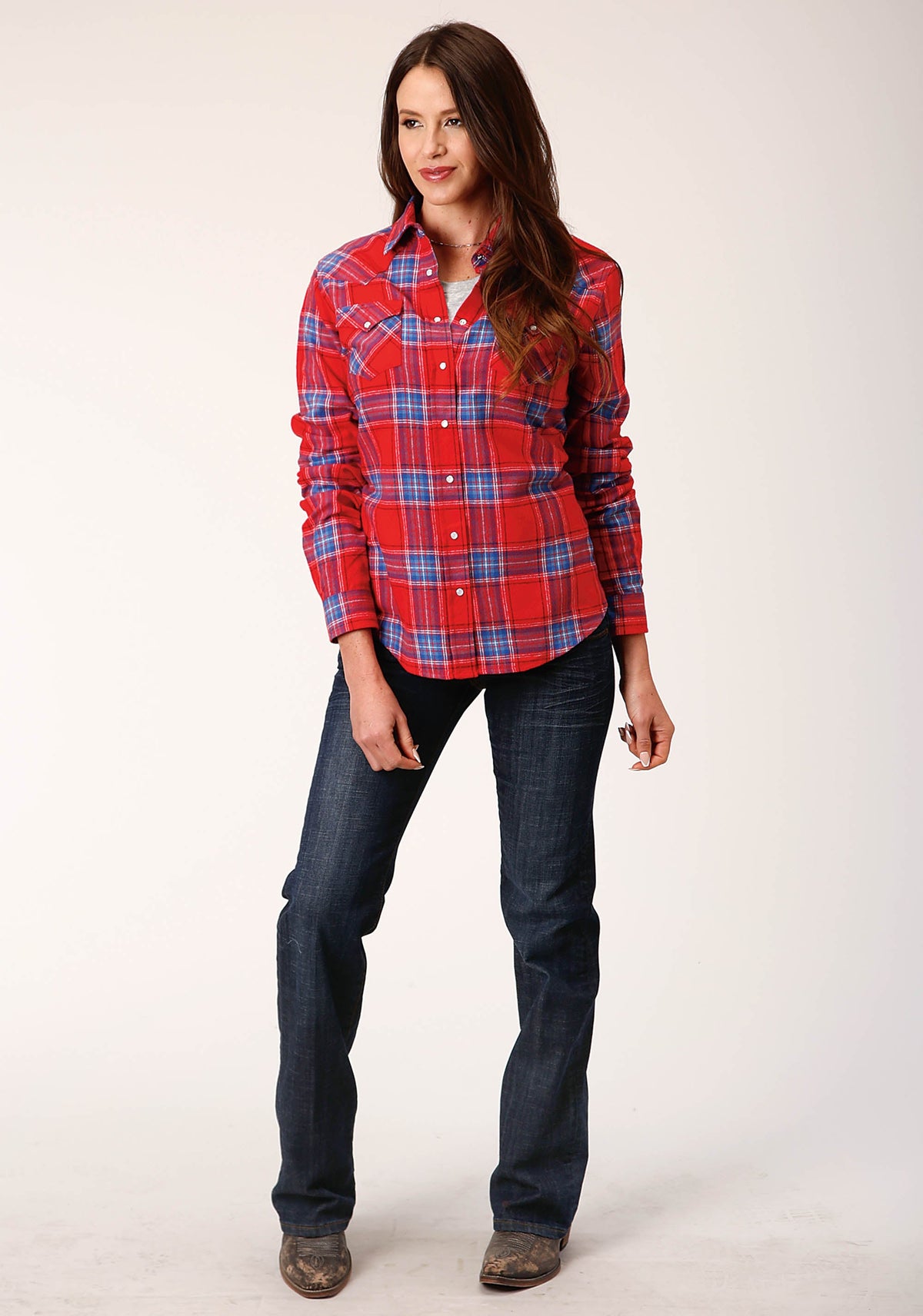 Womens Long Sleeve Snap Coral Blue White Plaid Unlined Flannel Shirt Wester