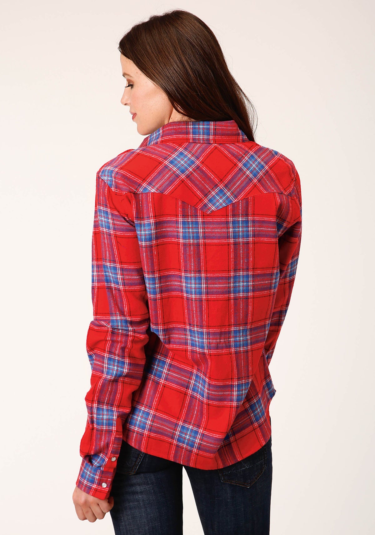 Womens Long Sleeve Snap Coral Blue White Plaid Unlined Flannel Shirt Wester