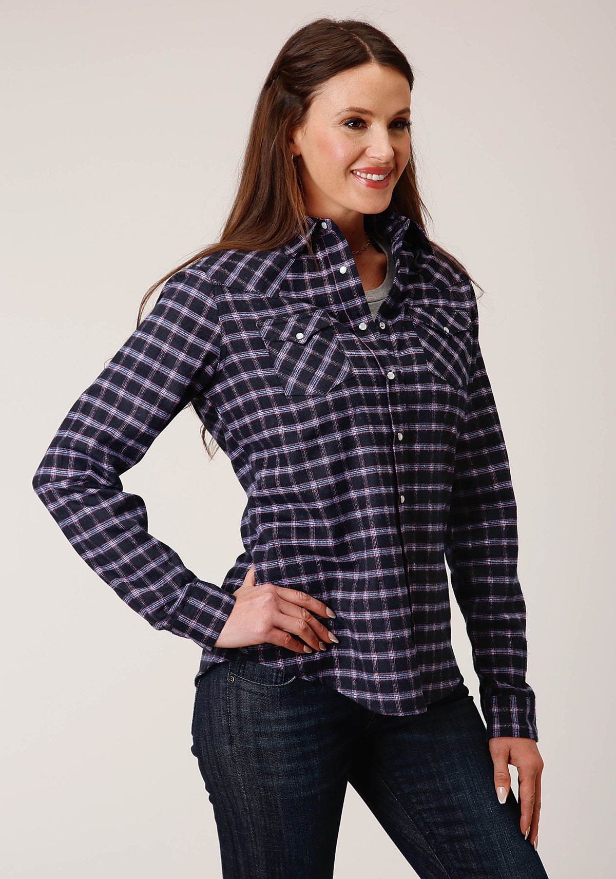 Womens Long Sleeve Snap Navy Pink White Plaid Unlined Flannel Shirt Western