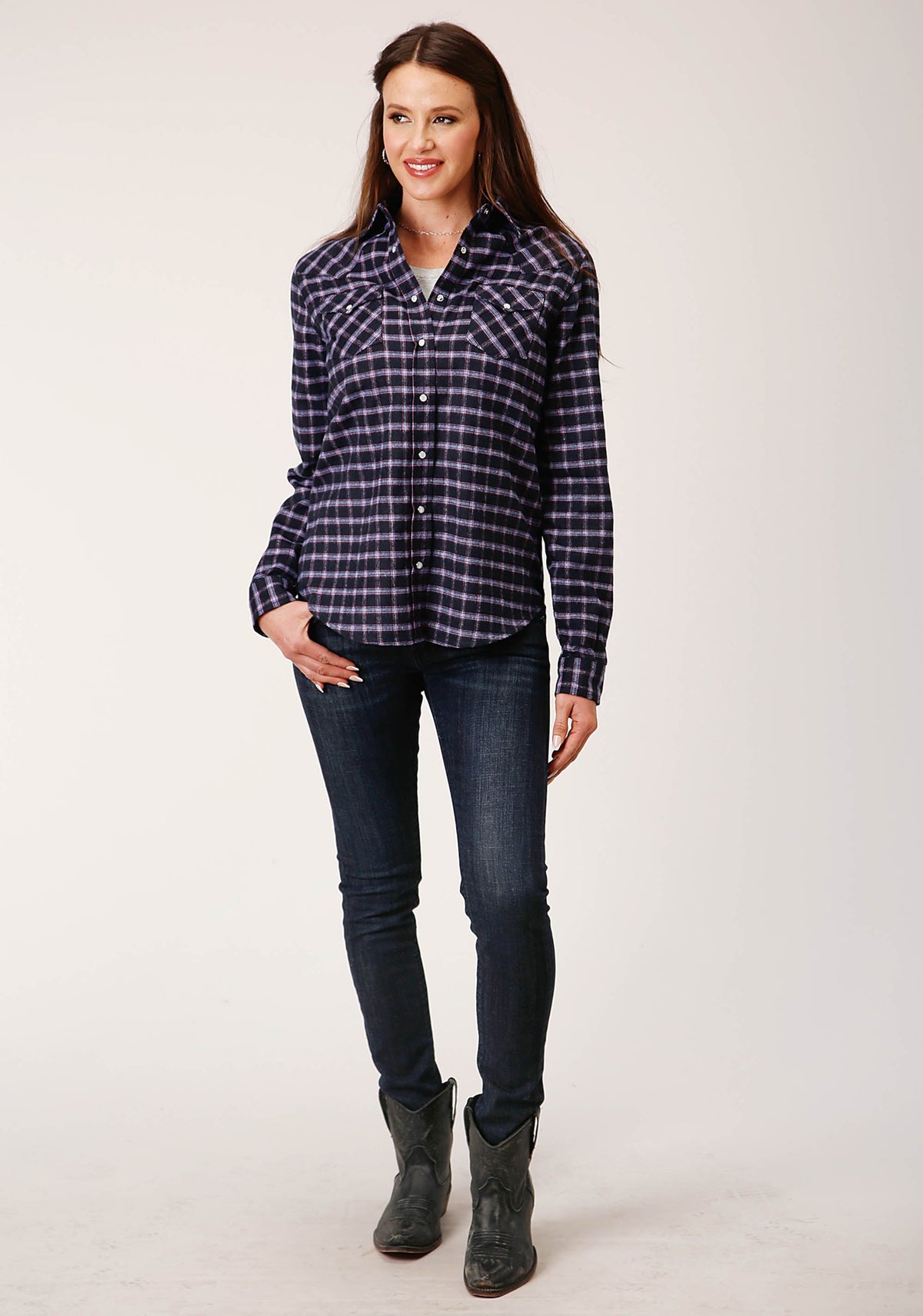 Womens Long Sleeve Snap Navy Pink White Plaid Unlined Flannel Shirt Western