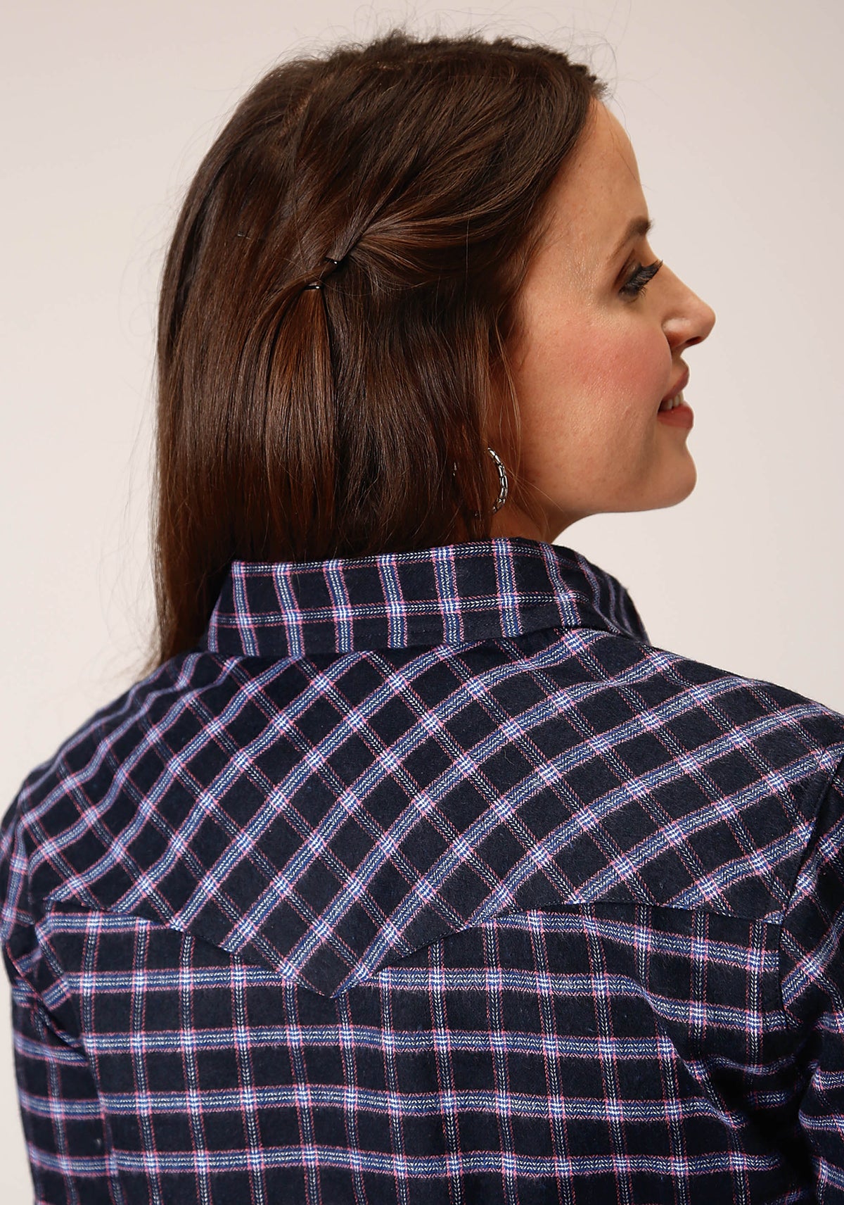 Womens Long Sleeve Snap Navy Pink White Plaid Unlined Flannel Shirt Western
