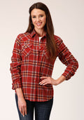 Womens Long Sleeve Snap Rust Wine Gold Plaid Unlined Flannel Shirt Western