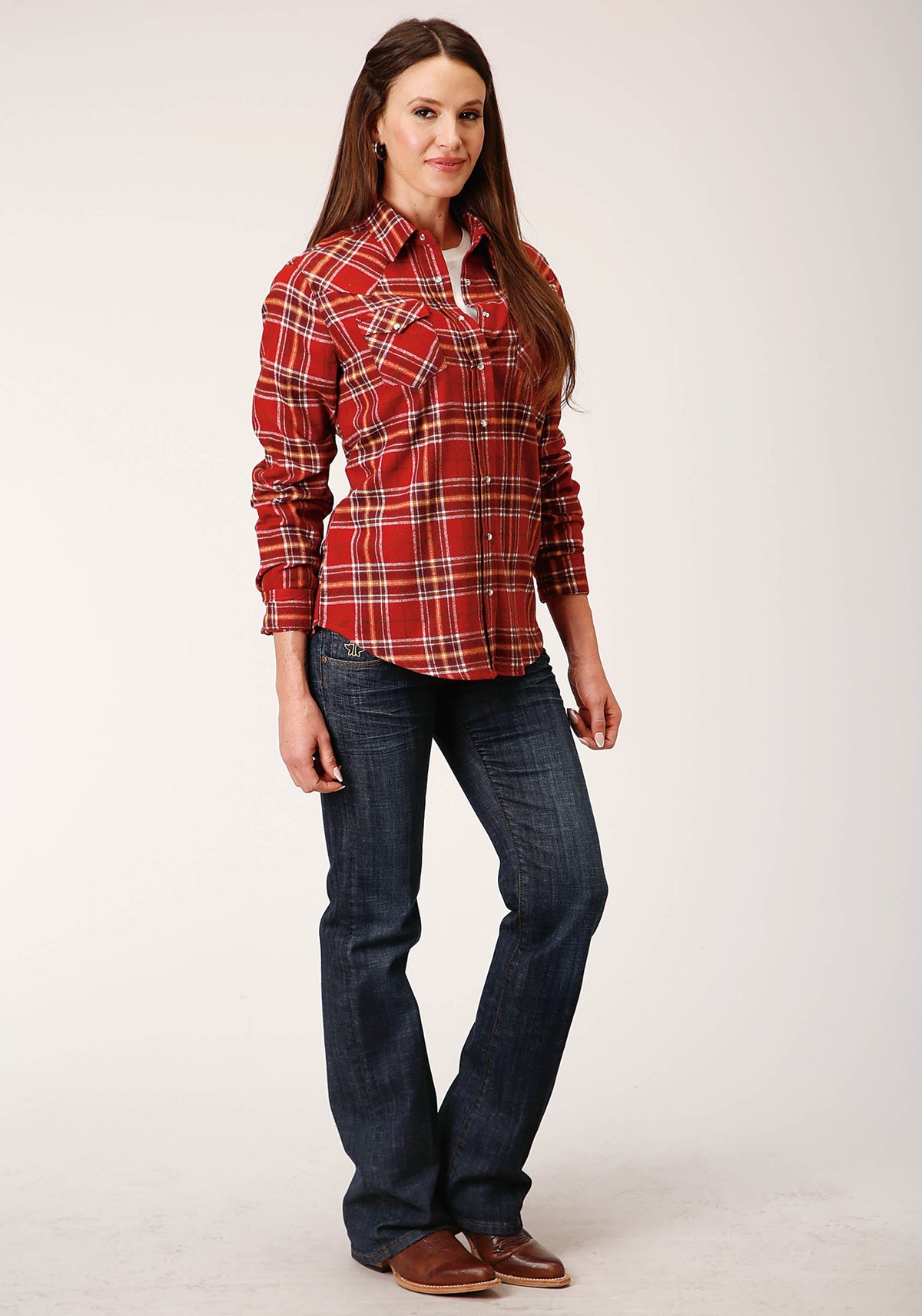 Womens Long Sleeve Snap Rust Wine Gold Plaid Unlined Flannel Shirt Western