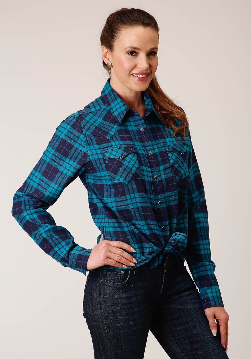 Womens Long Sleeve Snap Turquoise Navy Plaid Unlined Flannel Shirt Western