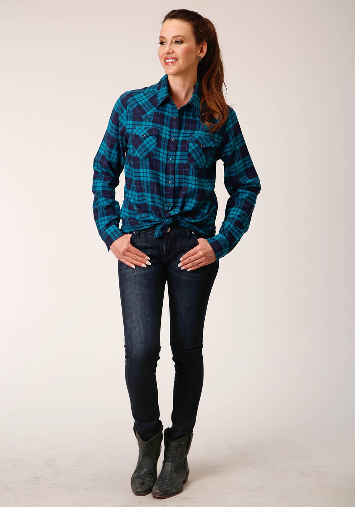 Womens Long Sleeve Snap Turquoise Navy Plaid Unlined Flannel Shirt Western