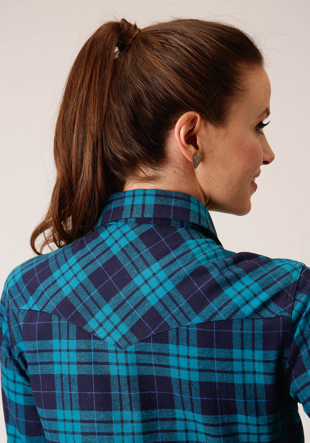 Womens Long Sleeve Snap Turquoise Navy Plaid Unlined Flannel Shirt Western