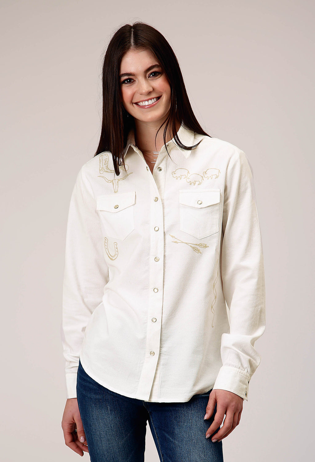 Womens Long Sleeve Snap Cream Corduroy Western Blouse With Embroidery Decor