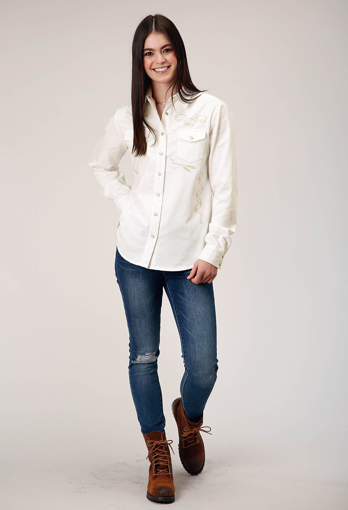 Womens Long Sleeve Snap Cream Corduroy Western Blouse With Embroidery Decor