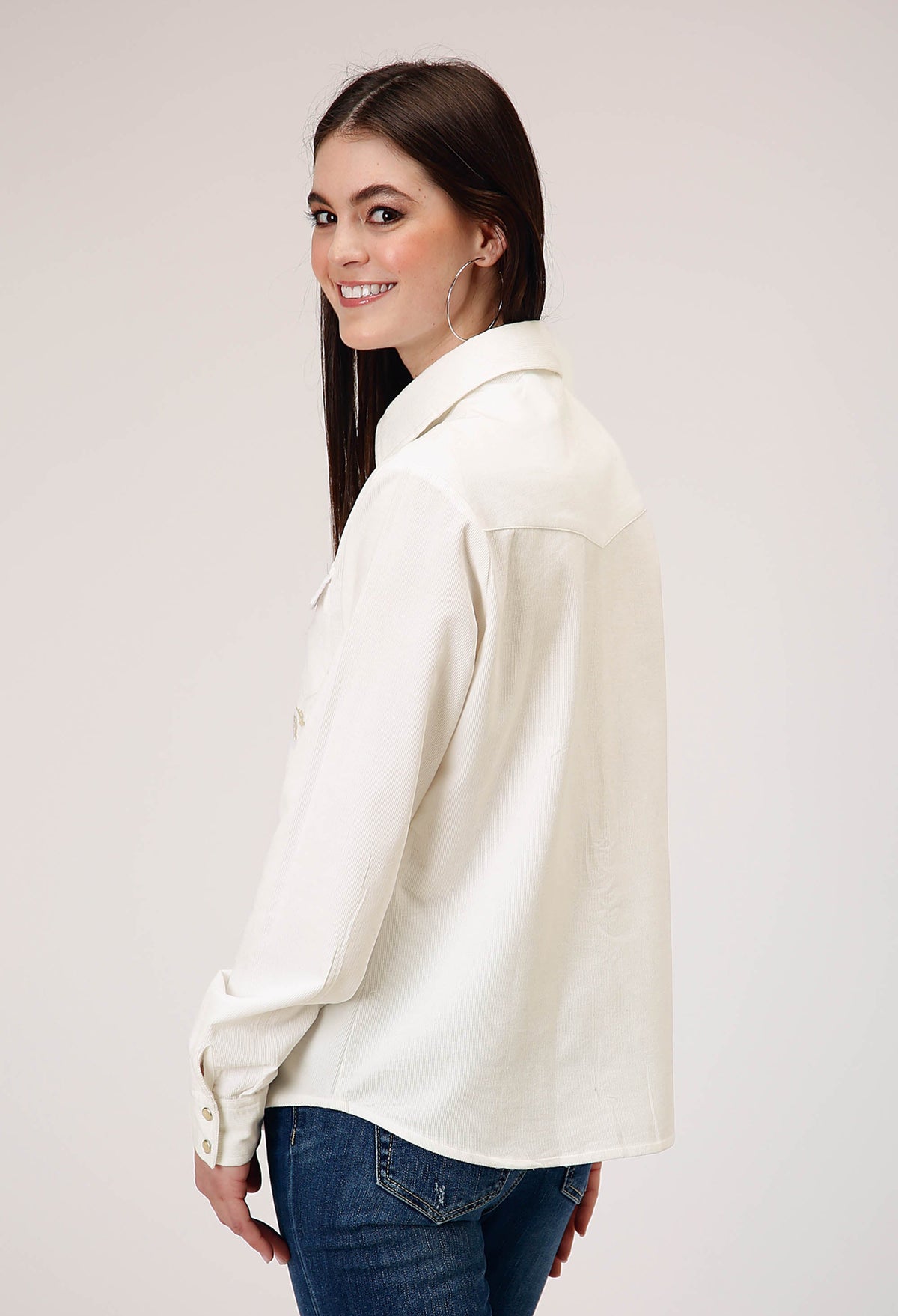 Womens Long Sleeve Snap Cream Corduroy Western Blouse With Embroidery Decor