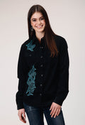 Womens Long Sleeve Snap Jet Black Corduroy Western Blouse With Embroidery D