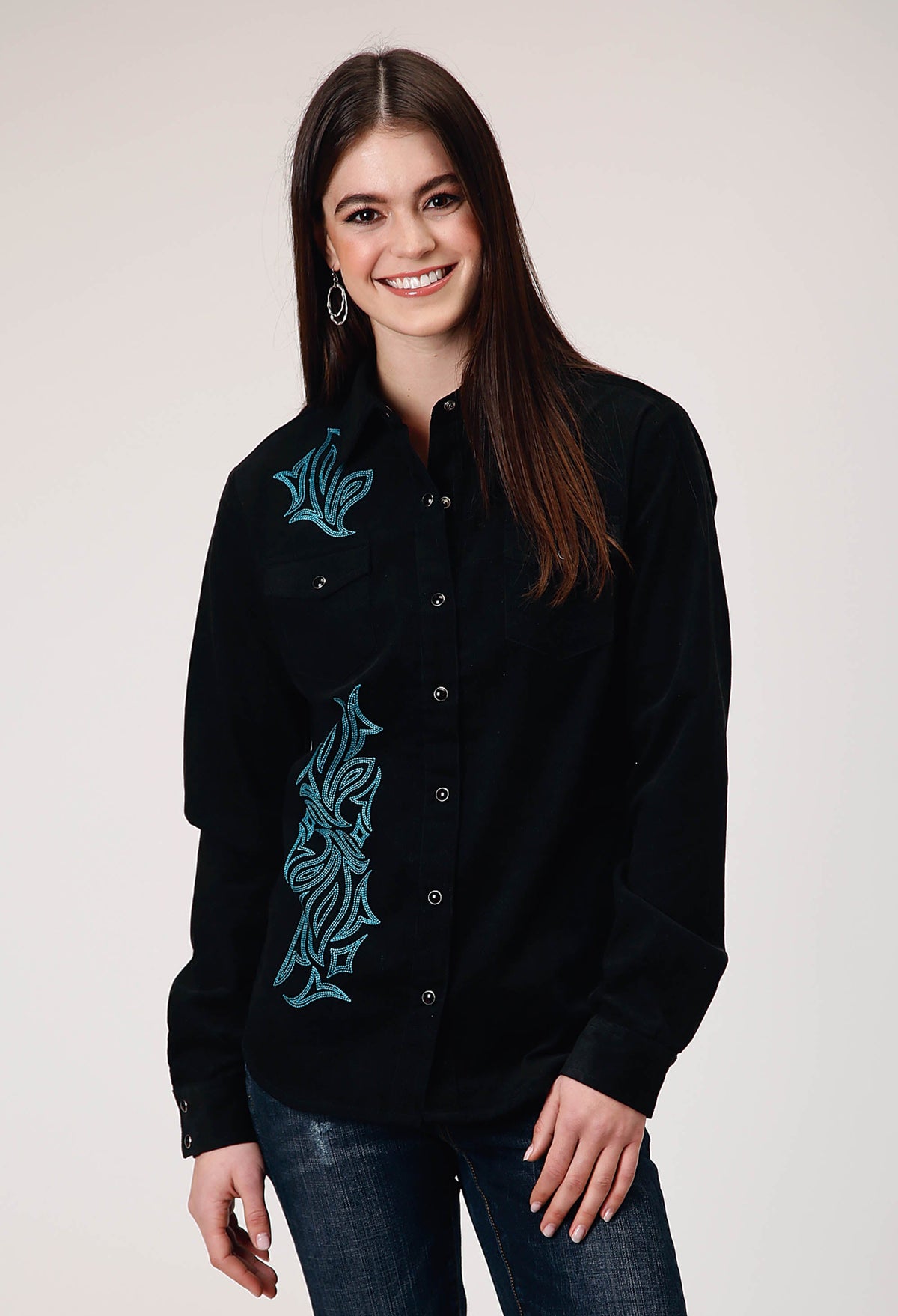 Womens Long Sleeve Snap Jet Black Corduroy Western Blouse With Embroidery D