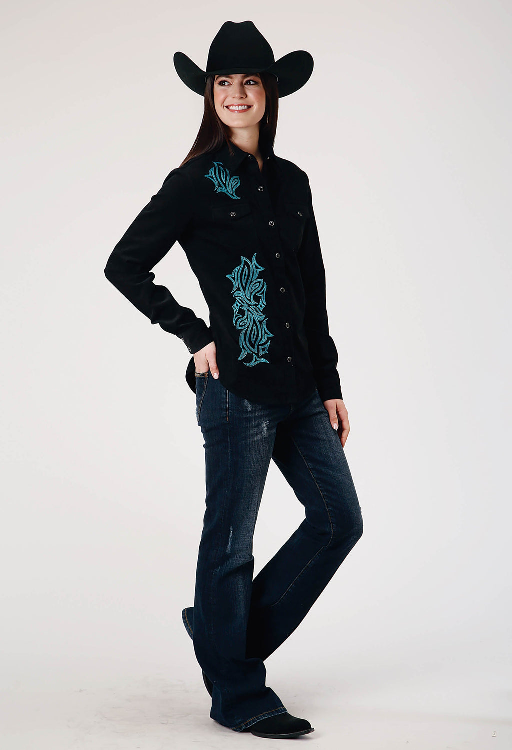 Womens Long Sleeve Snap Jet Black Corduroy Western Blouse With Embroidery D