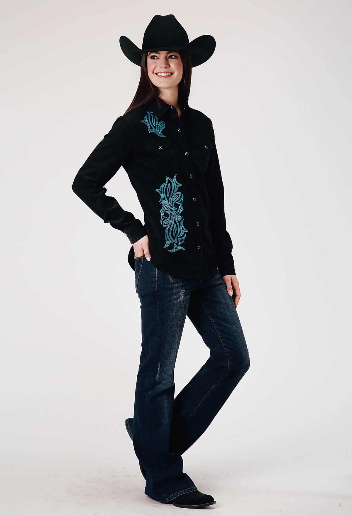 Womens Long Sleeve Snap Jet Black Corduroy Western Blouse With Embroidery D