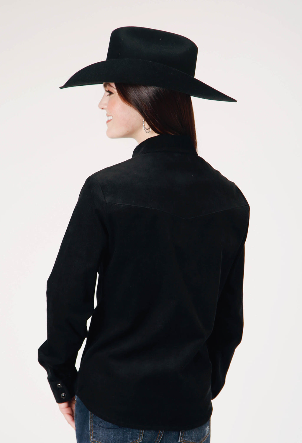 Womens Long Sleeve Snap Jet Black Corduroy Western Blouse With Embroidery D