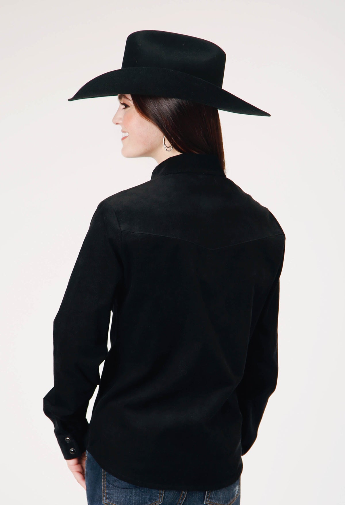 Womens Long Sleeve Snap Jet Black Corduroy Western Blouse With Embroidery D
