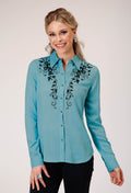 Womens Long Sleeve Button Rayon Challis Blousen Western Shirt With Embroide