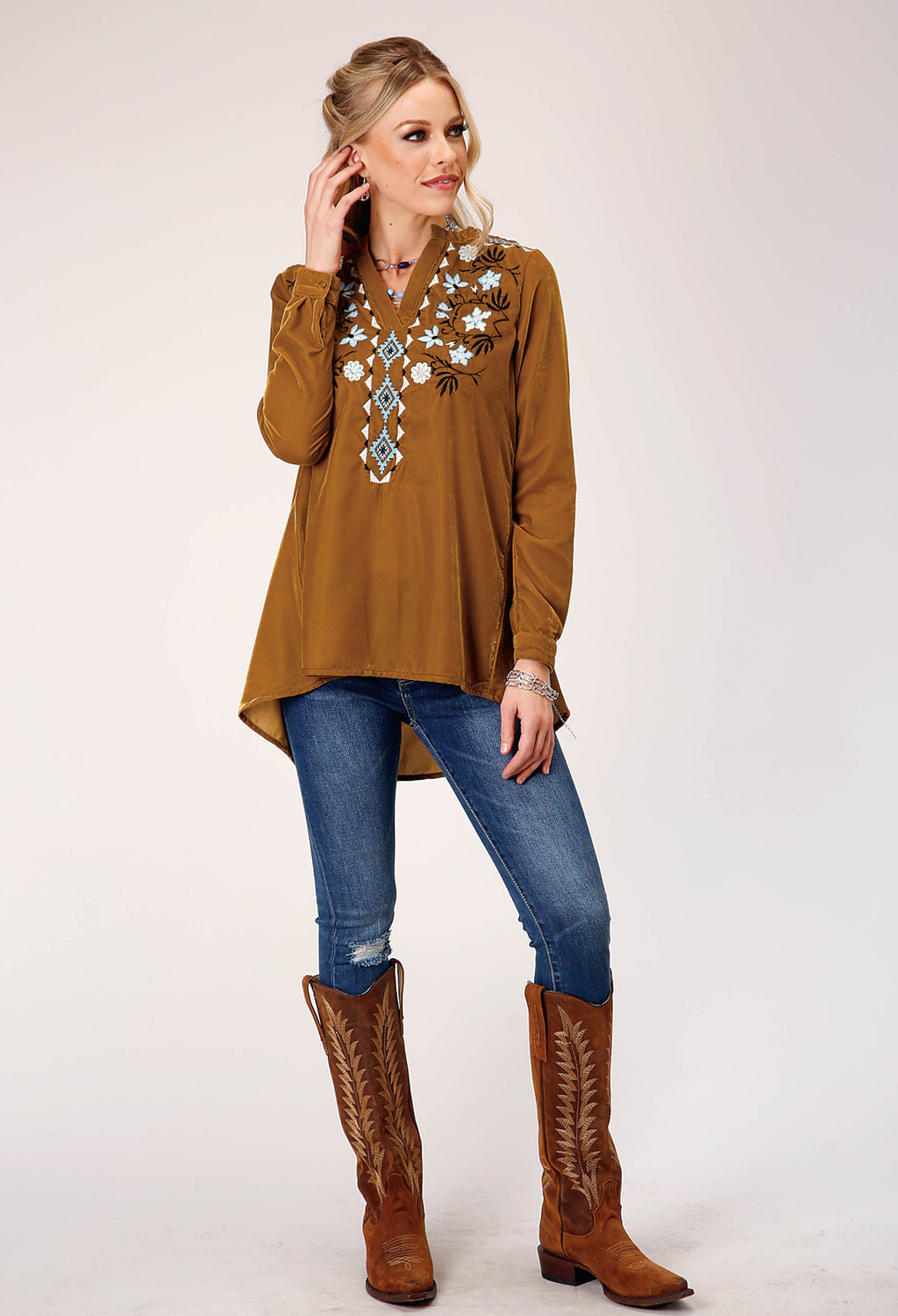 Womens Long Sleeve Pullover Poly Velvet V Neck Tunic Western Shirt With Emb