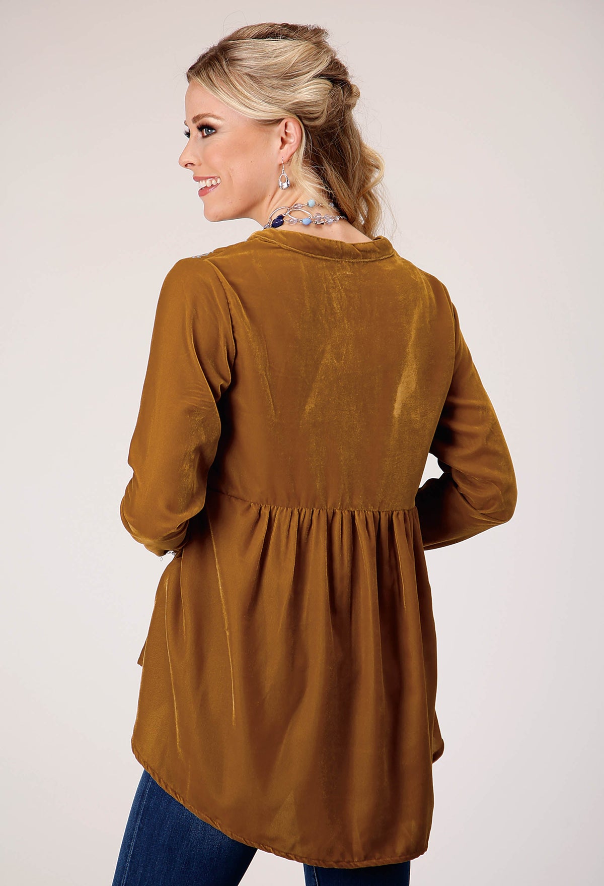 Womens Long Sleeve Pullover Poly Velvet V Neck Tunic Western Shirt With Emb