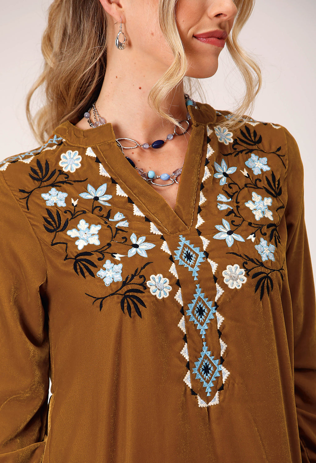 Womens Long Sleeve Pullover Poly Velvet V Neck Tunic Western Shirt With Emb