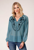 Womens Long Sleeve Pullover Poly Georgette Peasant Western Blouse With Stan