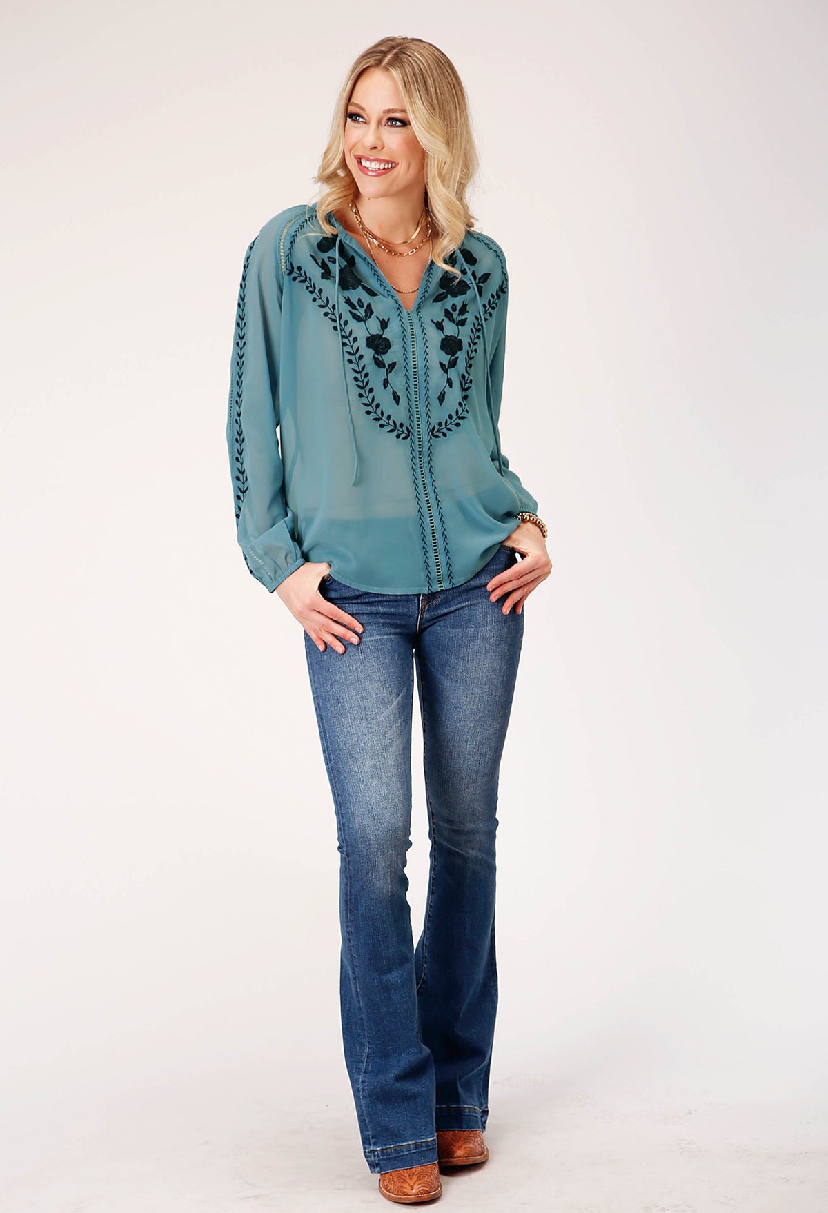 Womens Long Sleeve Pullover Poly Georgette Peasant Western Blouse With Stan